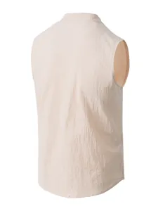 Macro view of the back of a men's pink linen sleeveless shirt showing fabric texture.