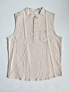 Premium men's casual beige linen sleeveless Henley shirt with front chest pocket detail