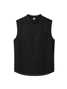 Close-up detail of a men's black sleeveless linen Henley shirt with chest pocket