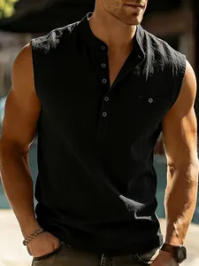Detailed view of black sleeveless Henley shirt with linen texture and chest pocket.