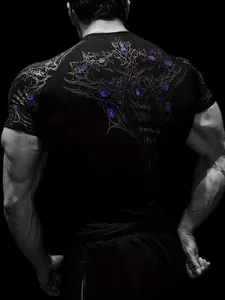Detailed view of the purple gothic graphic print on the back of a men's black compression shirt