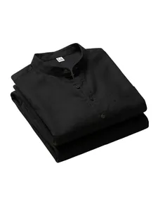 Close-up detail of black linen blend Henley shirt featuring the fabric composition label