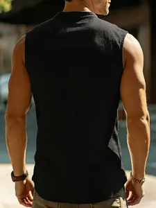 Detailed back view of a stylish black linen sleeveless Henley shirt for men in summer