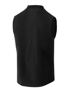 Back view of a men's casual black linen sleeveless Henley shirt showing fabric texture