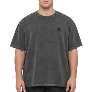 Vintage gewassen donkergrijs katoenen T-shirt voor heren met oversized verlaagde schouder
