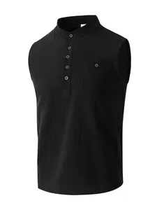 Detailed close-up of a men's black sleeveless linen Henley shirt featuring a chest pocket