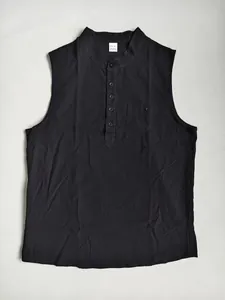 Black sleeveless linen Henley shirt detail showing collar buttons and chest pocket