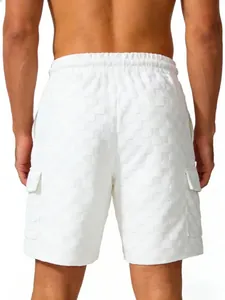 Rear view of men's white checkered jacquard cargo shorts with side pockets