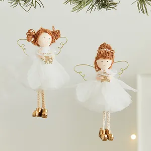 Pair of Christmas angel girl hanging ornaments with white tulle dresses and golden wings