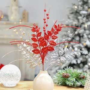 Brin de Baies Artificielles Pailletées Feuilles Décoration d'Arbre de Noël Branches Sprays pour Noël Fête Maison Mariage Décor