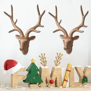 Decorative Christmas golden deer head wall hanging set with festive 'FAMILY' ornaments