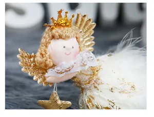Detailed view of cute Christmas angel plush ornament with golden crown and wings