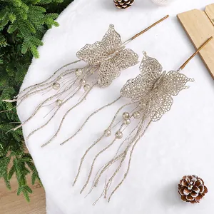 Sparkling gold glitter butterfly berry sticks for DIY Christmas tree floral decorations