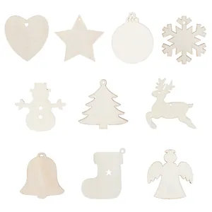 Unpainted wooden Christmas ornaments in various festive shapes for DIY holiday crafts