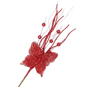 Red glitter butterfly berry pick for Christmas tree decoration DIY crafts