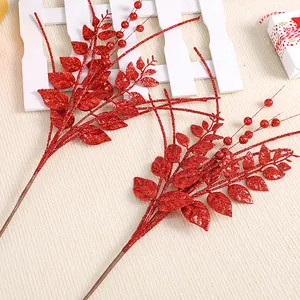 Feuilles et baies artificielles rouges à paillettes pour décoration de sapin de Noël