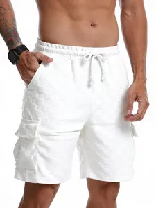 Close-up detail of white checkered jacquard fashion cargo shorts for men with pockets.
