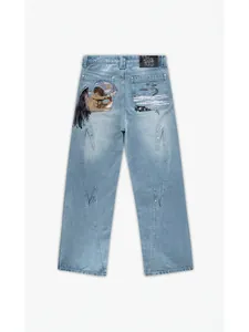 Vescartes Men Fallen Angel Embroidered Jeans Straight Wide Leg Washed Artistic Denim Streetwear Pants Blue