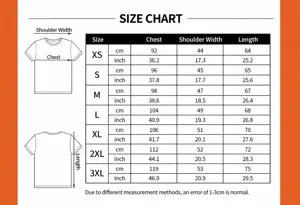 Detailed size guide table for men's outdoor cotton T-shirt showing cm and inch measurements