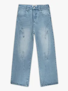 Vescartes light blue washed straight jeans with unique artistic wing embroidery patterns