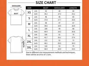 Comprehensive size chart for men's cotton T-shirt including bust, shoulder, and length