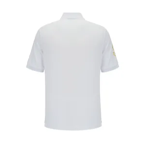 Detailed back view of a white cotton men's short-sleeve athletic golf Polo shirt
