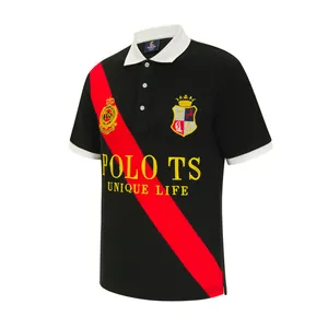 British style men's cotton polo shirt with contrast diagonal stripe and crest detail