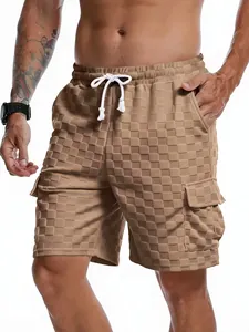 Close-up detail of men's jacquard checkered shorts showing the intricate fabric texture