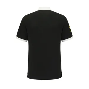 Rear view of a men's black cotton sports polo shirt featuring white collar and cuff details