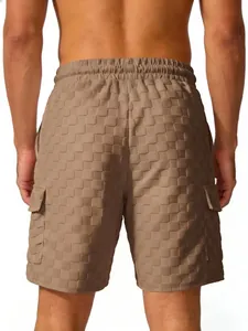 Back view detail of men's khaki cargo shorts featuring an embossed checkered jacquard pattern