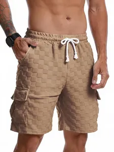 Detailed view of men's cargo shorts featuring a unique checkerboard jacquard texture