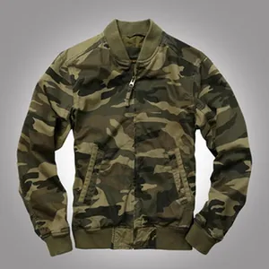 Close-up of AKARMY outdoor military camouflage bomber jacket with zipper and ribbed trim