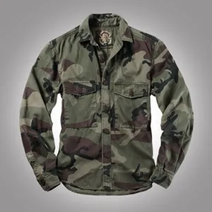 Macro detail view of a rugged military camouflage long-sleeved shirt with dual chest pockets