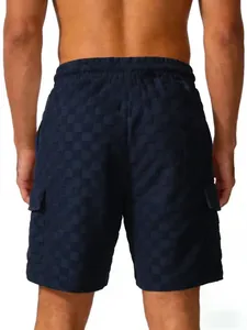 Rear view of men's navy blue checkered jacquard shorts with cargo pockets for summer