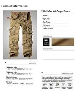 Detailed specifications for men's loose multi-pocket cargo pants in khaki cotton.