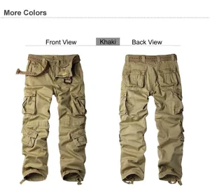 Detailed front and back views of durable khaki outdoor men's multi-pocket cargo pants