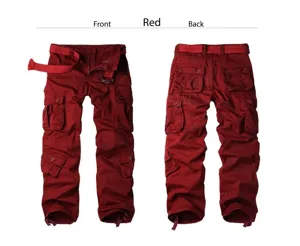Men's red outdoor cargo pants with multi-pocket design shown from front and back views