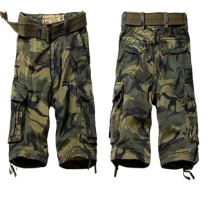 Detailed front and back view of men's woodland camo cargo shorts with multi-pockets