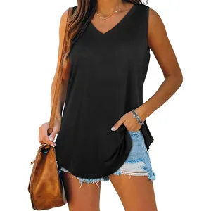Canottiera casual da donna con scollo a V e vestibilità a tunica larga in nero tinta unita