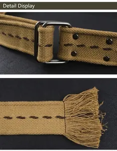 Gros plan détaillé d'une ceinture en toile de 4,5 cm avec boucle à double anneau.