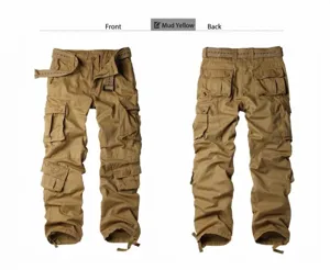 Detailed front and back views of men's khaki outdoor cargo pants with multi-pockets.