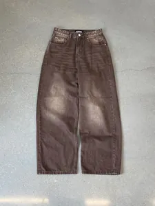 Vintage brown washed wide leg straight denim jeans with unique gradient finish