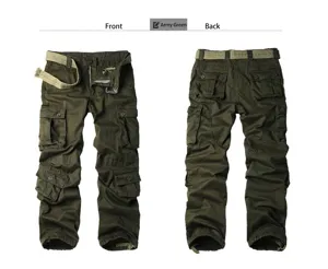 Detailed view of men's army green cargo pants with multiple pockets and canvas belt