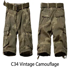 Detailed front and back views of men's vintage camouflage cargo shorts with belt