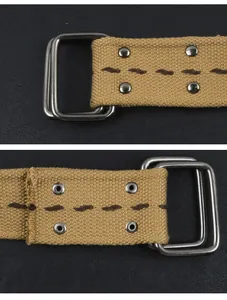 Vue macro détaillée de la boucle à double anneau en D et des rivets sur ceinture en toile