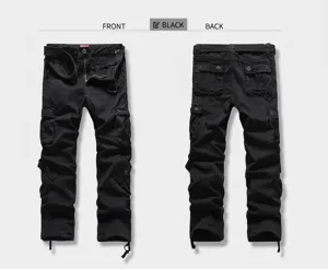 Detailed front and back views of black multi-pocket loose fit cargo pants for men
