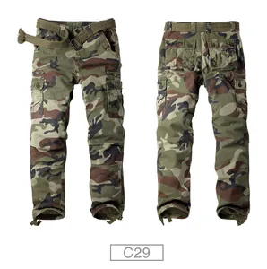 Front and back view of men's camouflage cargo pants with multi-pockets and belt