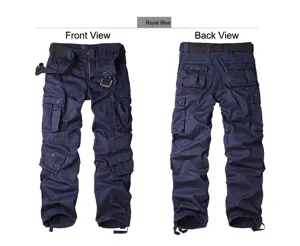 Men's dark blue multi-pocket outdoor cargo pants with belt, front and back view details.