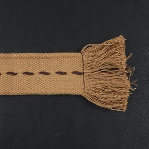 Ceinture en toile tissée kaki décontractée avec détails de pompons et broderies