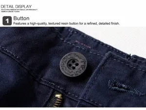 Macro view of a high-quality resin button on navy blue cargo pants detail.